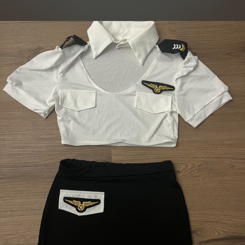 Pilot-Inspired Two-Piece Crop Top & Skirt Set in White & Black Costume